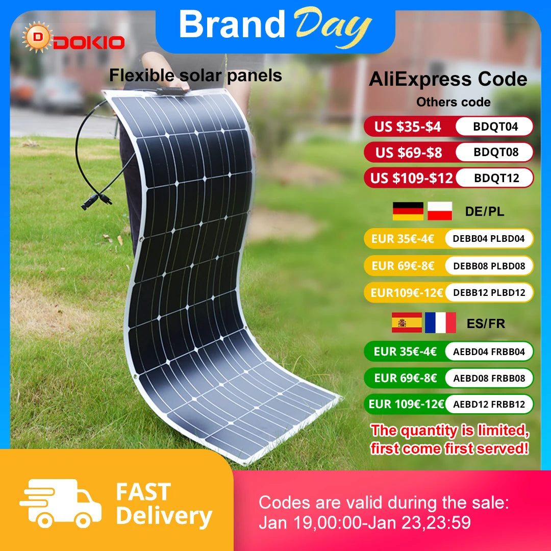 DOKIO 18V 100W/200W/400W Flexible Solar Panels Waterproof Monocrystalline Solar Panel Camping RV Home Charge 12V