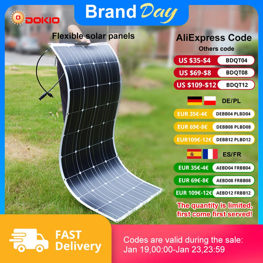 DOKIO 18V 100W/200W/400W Flexible Solar Panels Waterproof Monocrystalline Solar Panel Camping RV Home Charge 12V