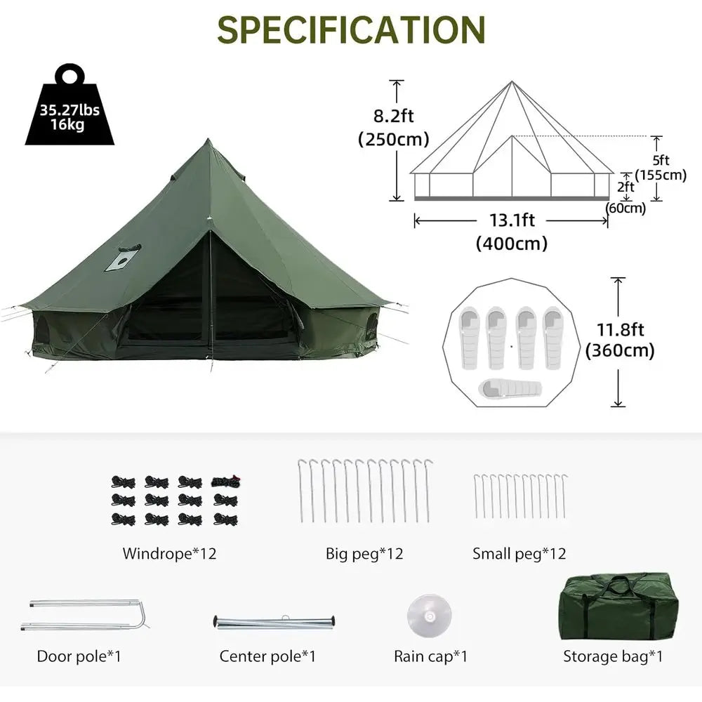 Family-Sized 13.1ft/16.4ft Yurt Tent with Stove, Ideal for Large Groups, All-Season Shelter