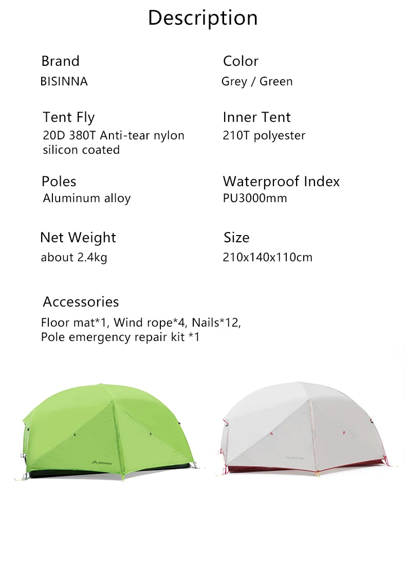 BISINNA 2 Person Ultralight Camping Tent 20D 380T Nylon Double Layer Waterproof Backpacking Tent for Hiking Travel with free mat