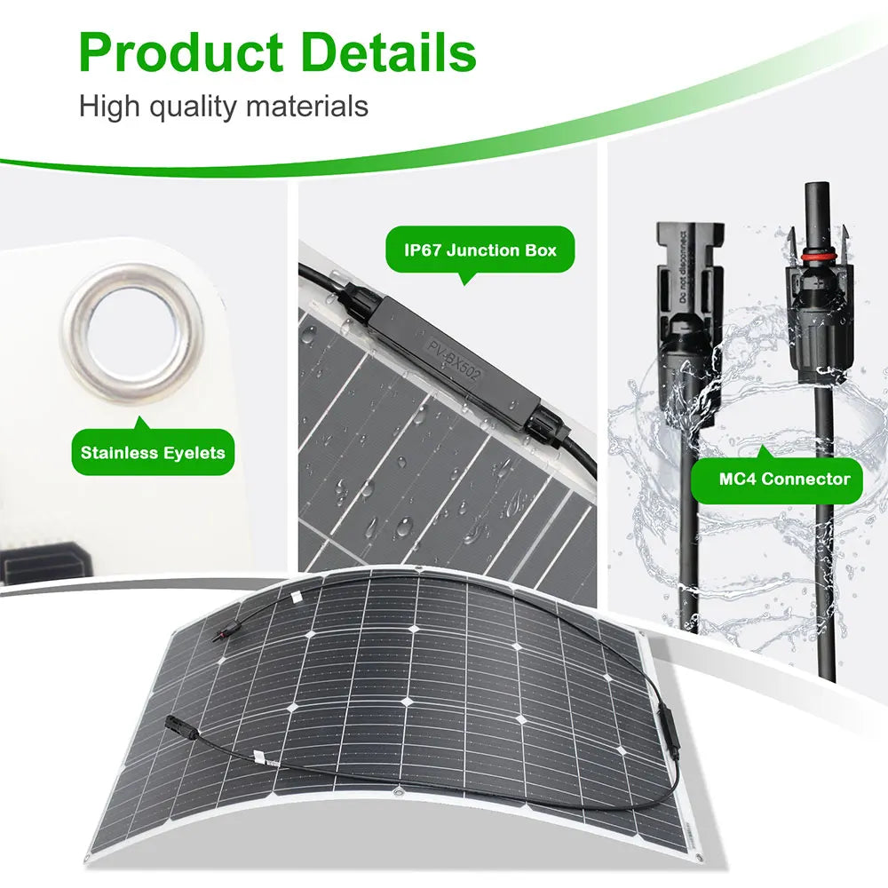 12V Flexible Solar Panel Kit 100W 200W Monocrystalline Waterproof with Controller for RV Camping Outdoor