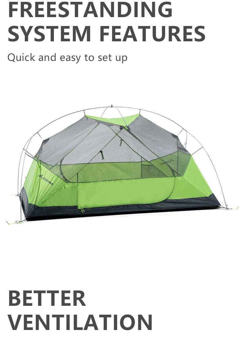 BISINNA 2 Person Ultralight Camping Tent 20D 380T Nylon Double Layer Waterproof Backpacking Tent for Hiking Travel with free mat